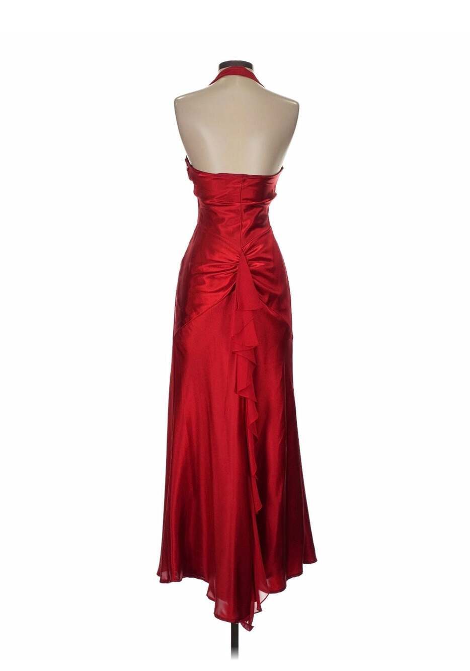 Betsy & Adam Vintage Y2K Red Satin Halter Evening Gown with Ruffles - Picture 2 of 9